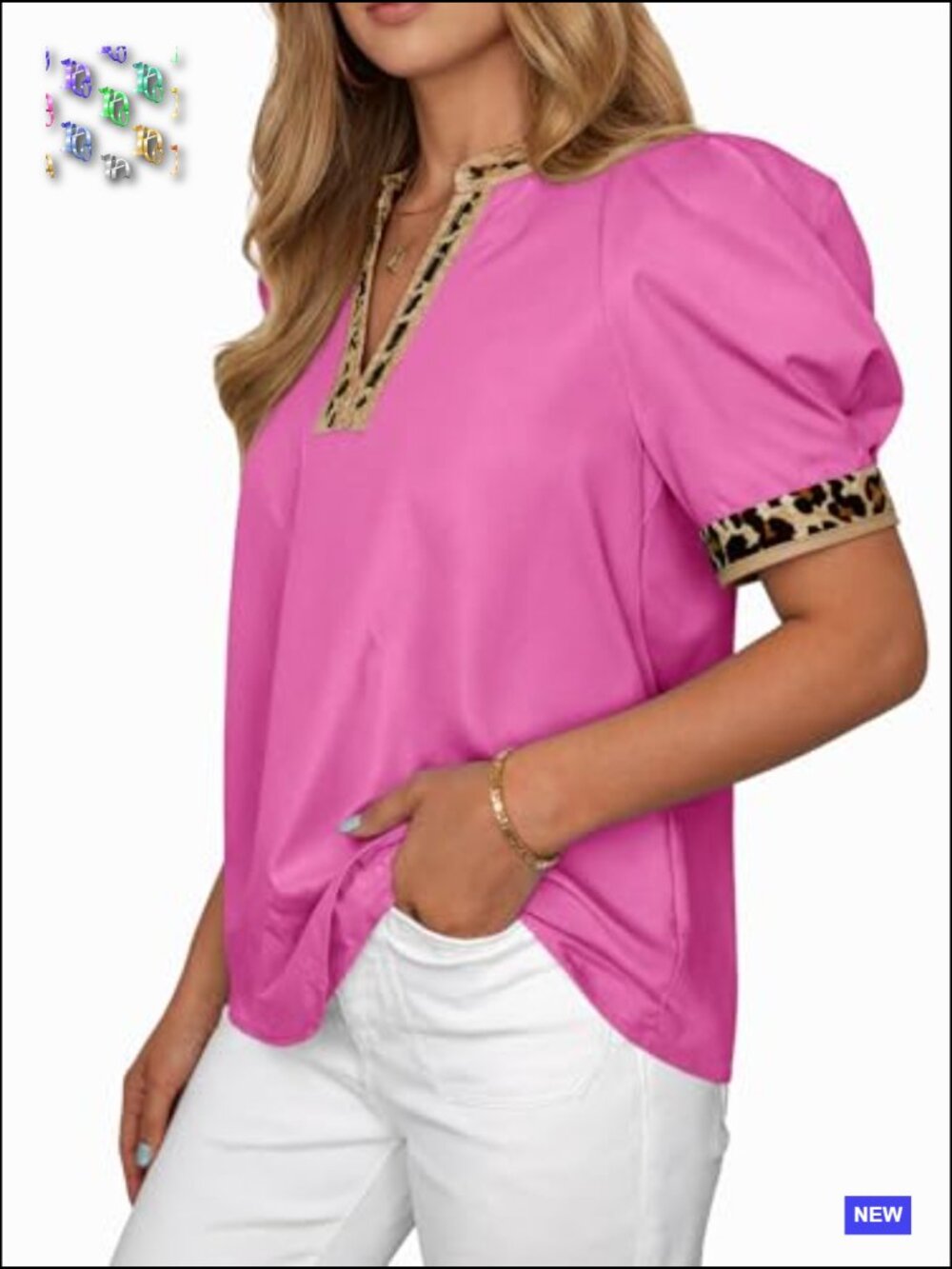 Puff Sleeve V Neck Color Block Blouse Dressy Casual Loose Fit T-Shirt Top - Picture 5 of 7